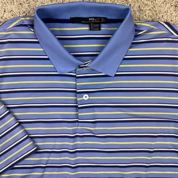 RLX Ralph Lauren Men Golf Polo Shirt Blue Yellow Striped Short Sleeve Large - Picture 1 of 11